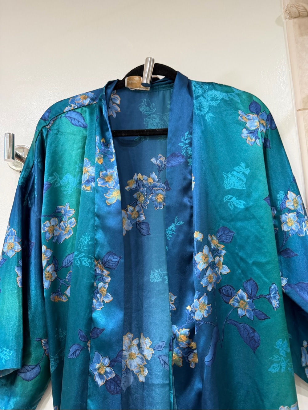 Vintage 90s Inner Most Teal Blue Floral Satin Kimono Robe